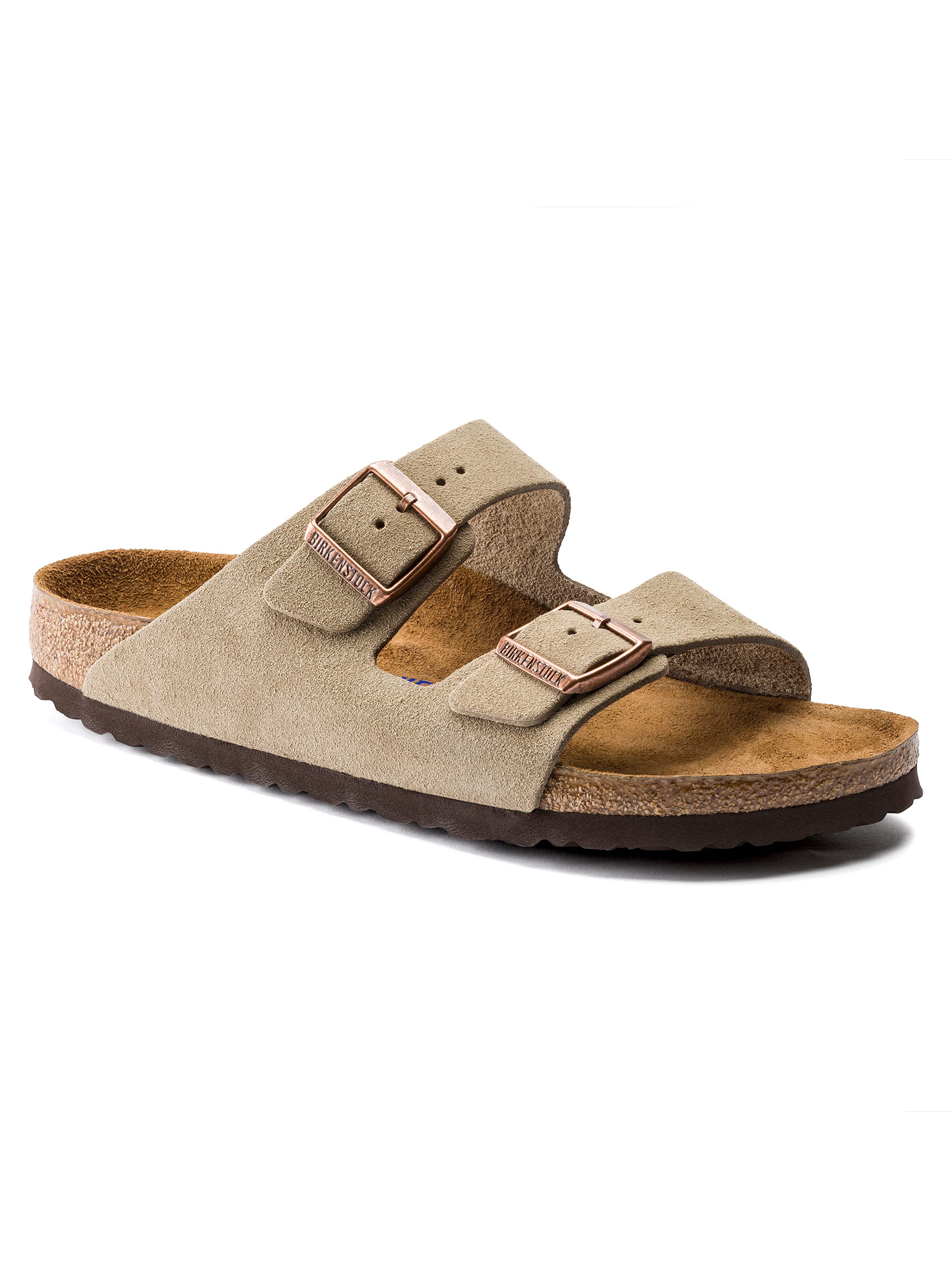 Beige suede Birkenstock sandal against a plain background
