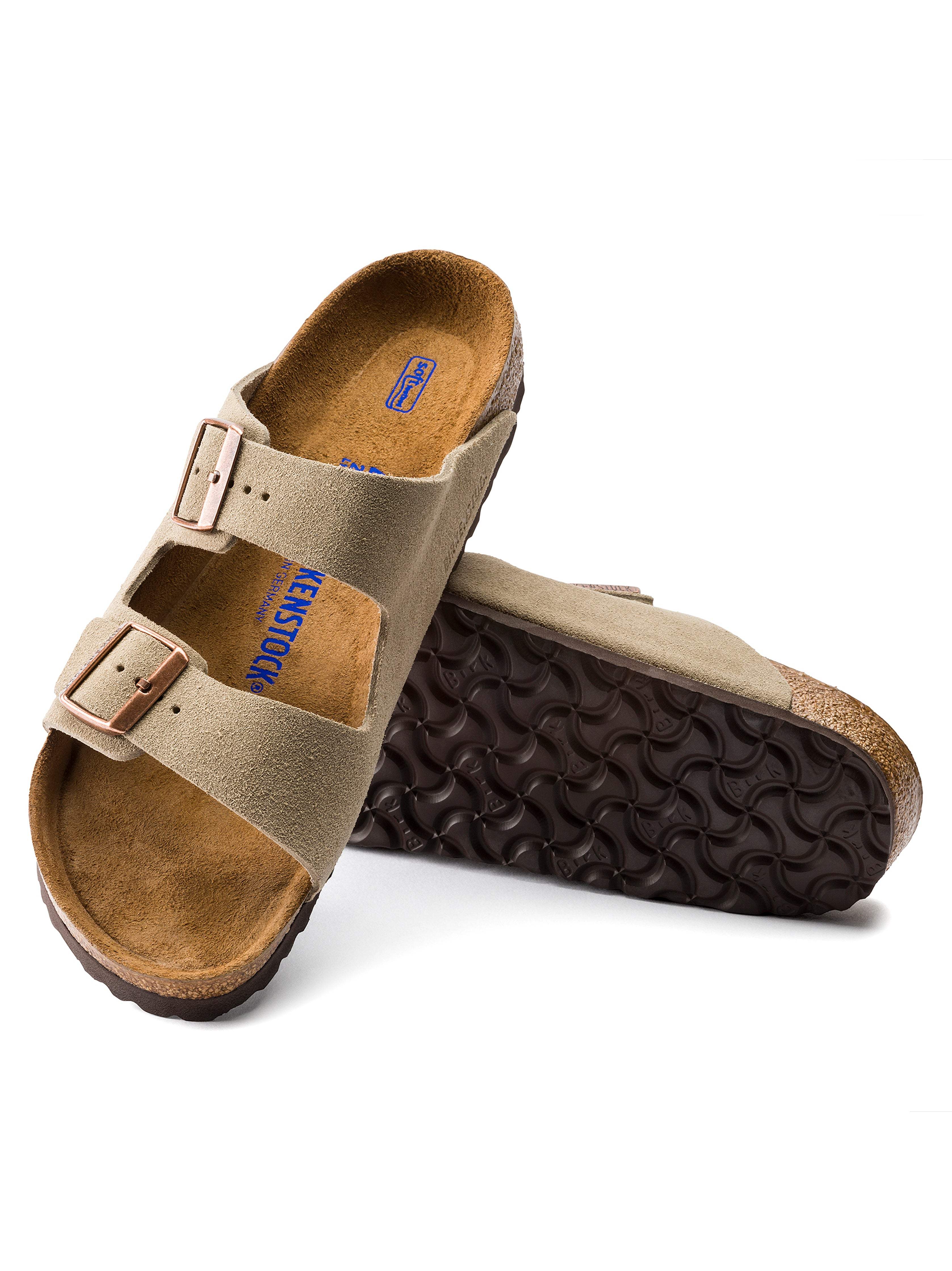 Pair of beige suede Birkenstock sandals against a plain background
