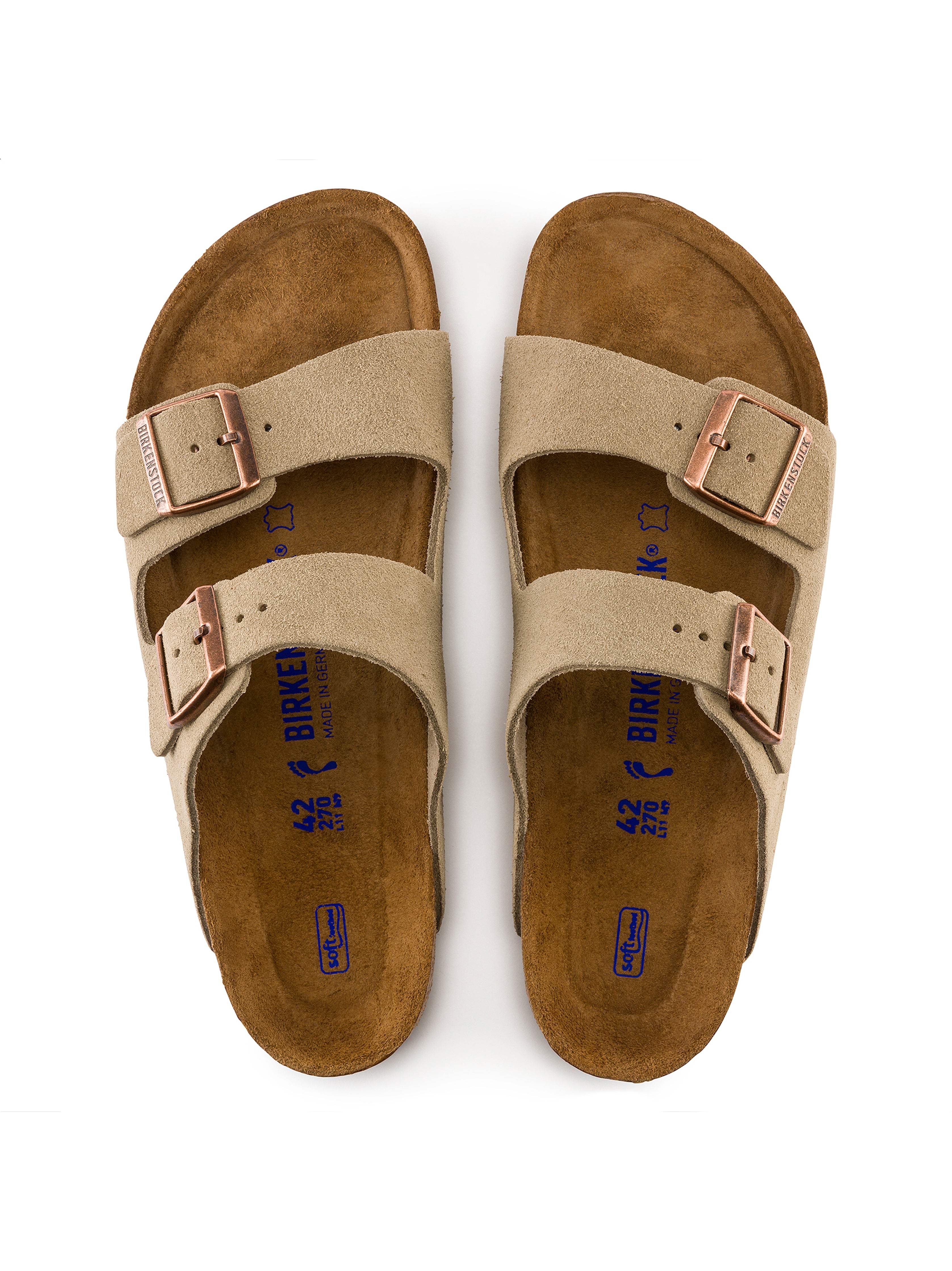 Pair of beige suede Birkenstock sandals against a plain background