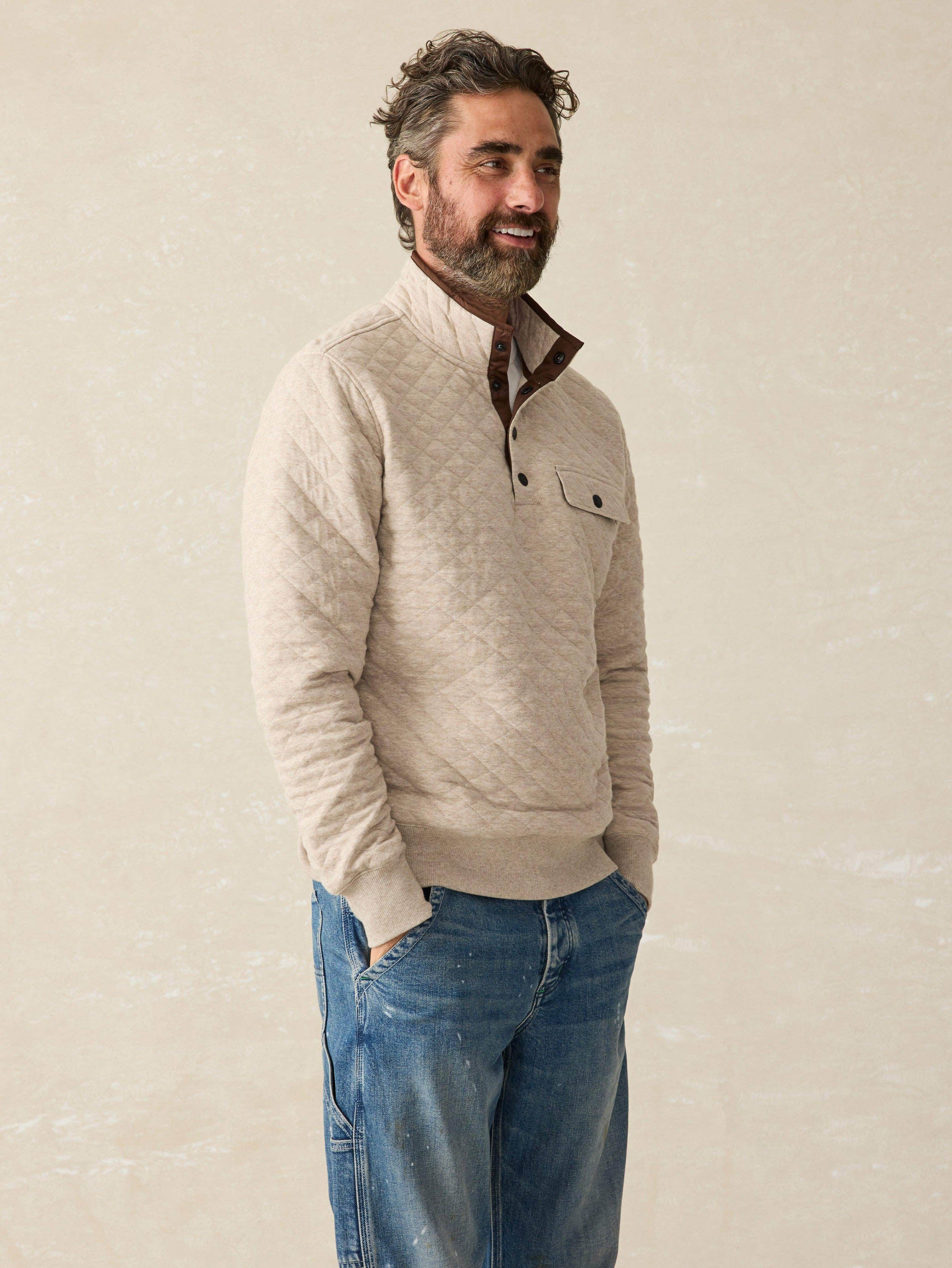 Epic Quilted Fleece Pullover - Oatmeal Melange | Faherty Brand