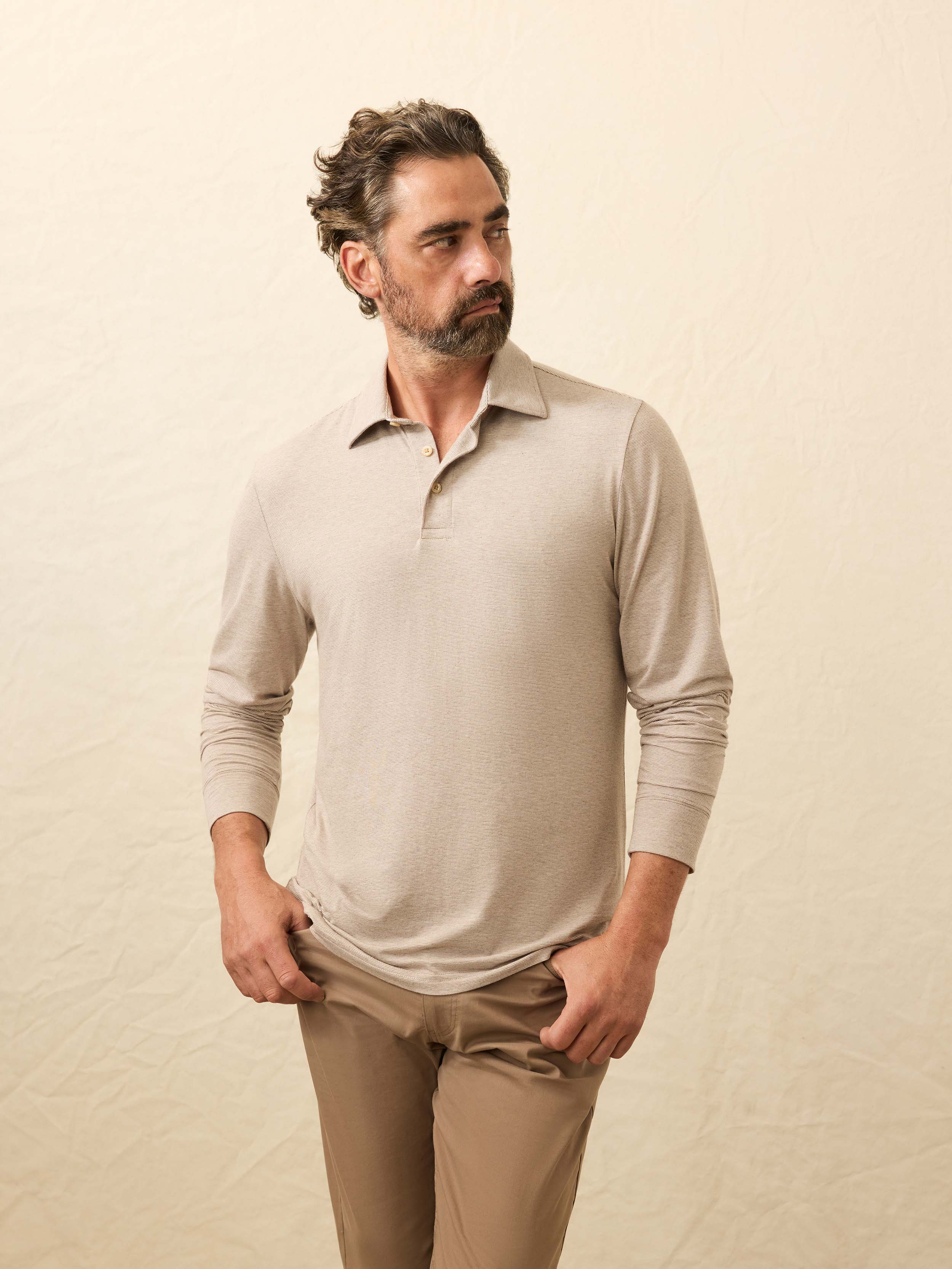 Long-Sleeve Movement™ Polo - Mountain Bark Feeder | Faherty Brand