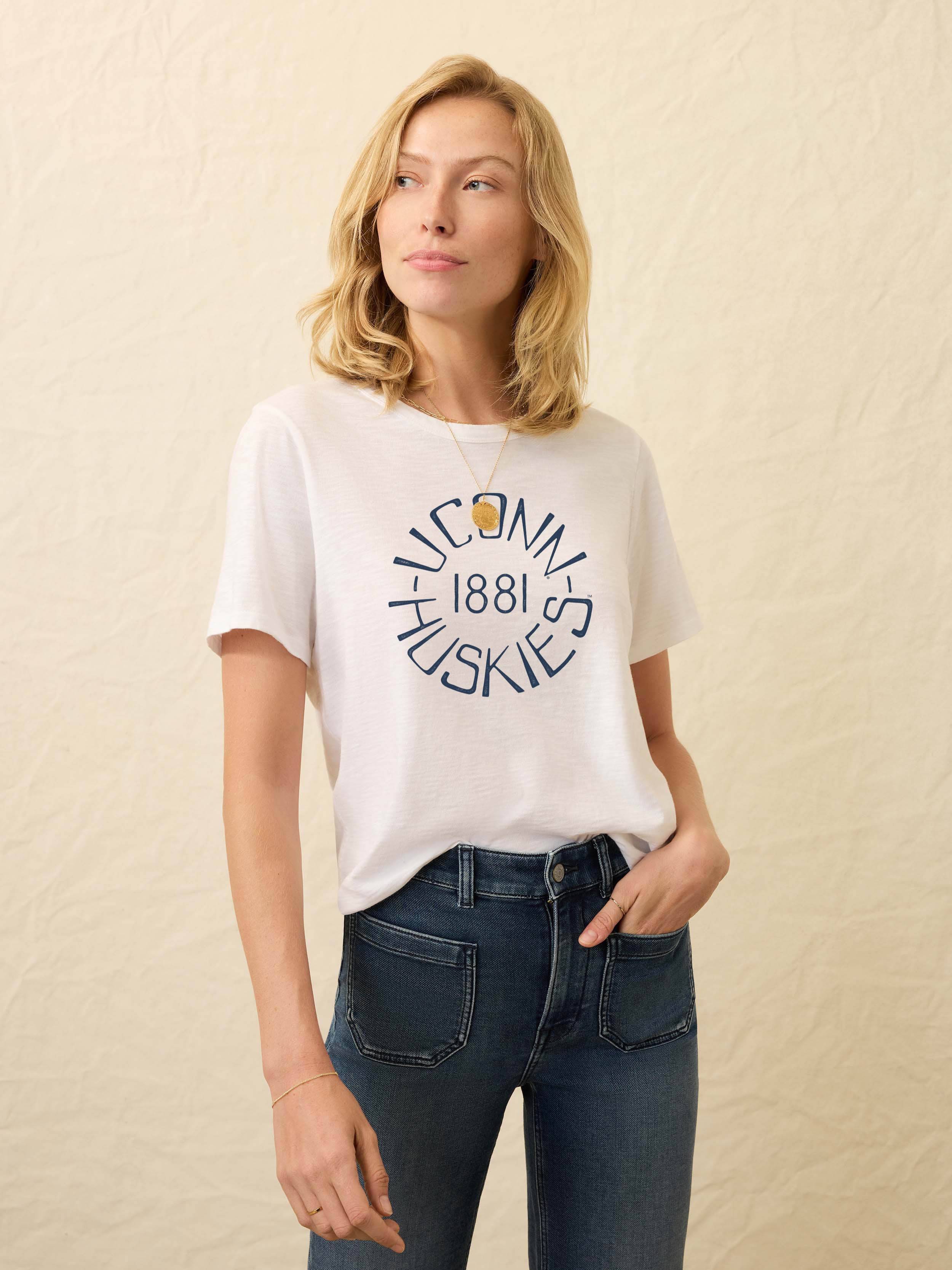 University of Connecticut Sunwashed Essential Tee - White | Faherty Brand