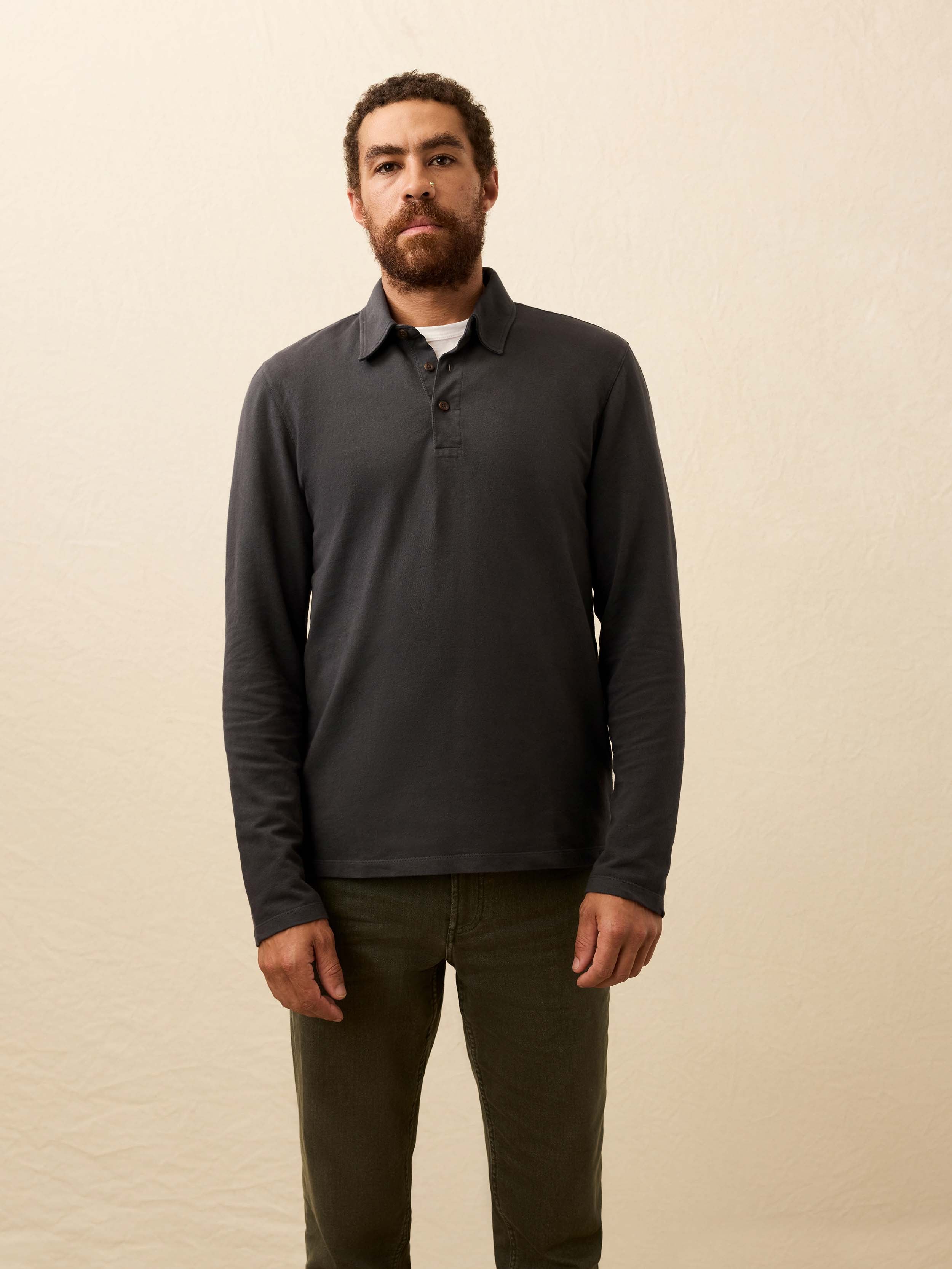 Long-Sleeve Twill Knit Polo - Washed Charcoal | Faherty Brand