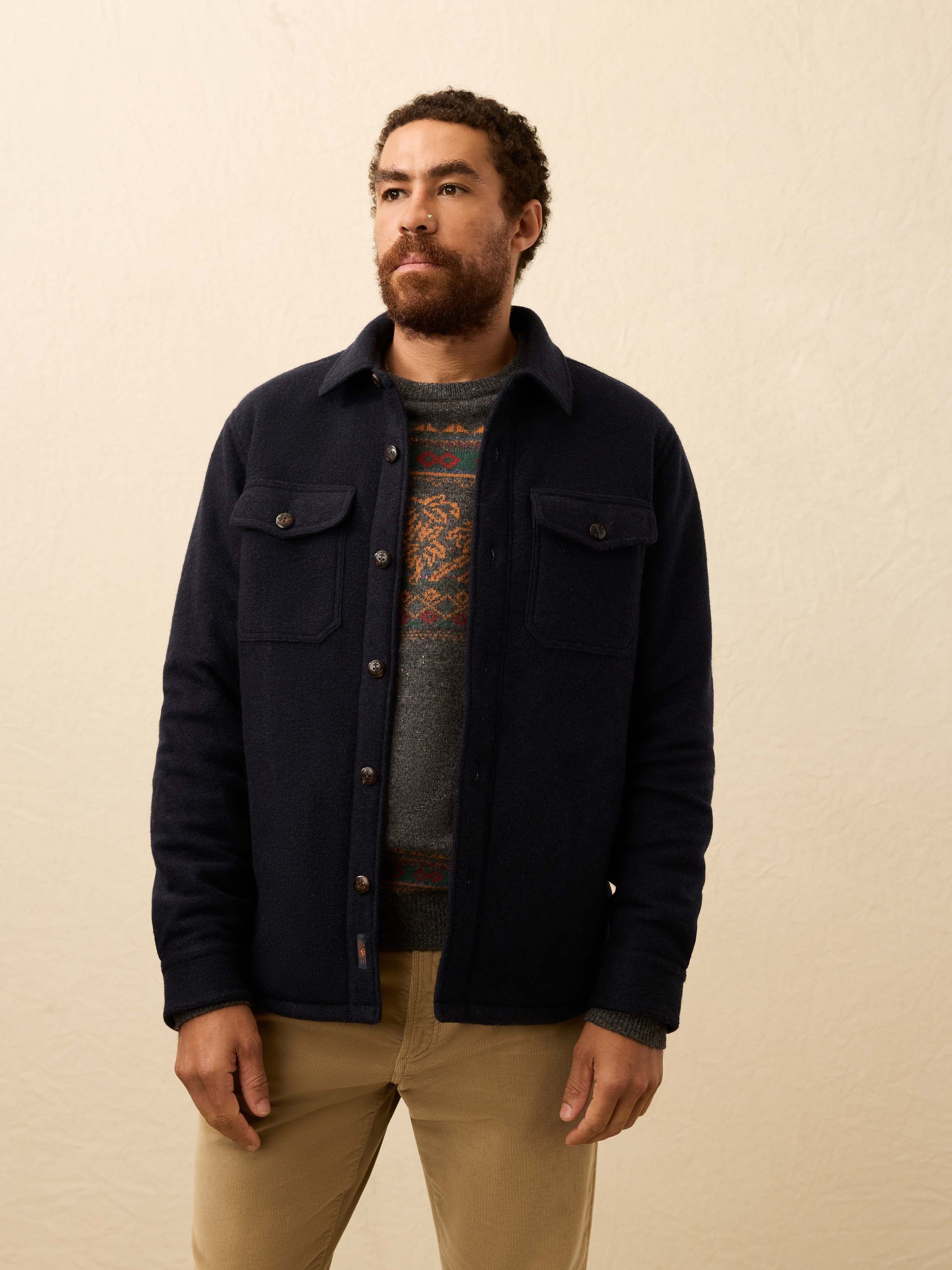 Man wearing a dark navy shirt jacket against a beige background