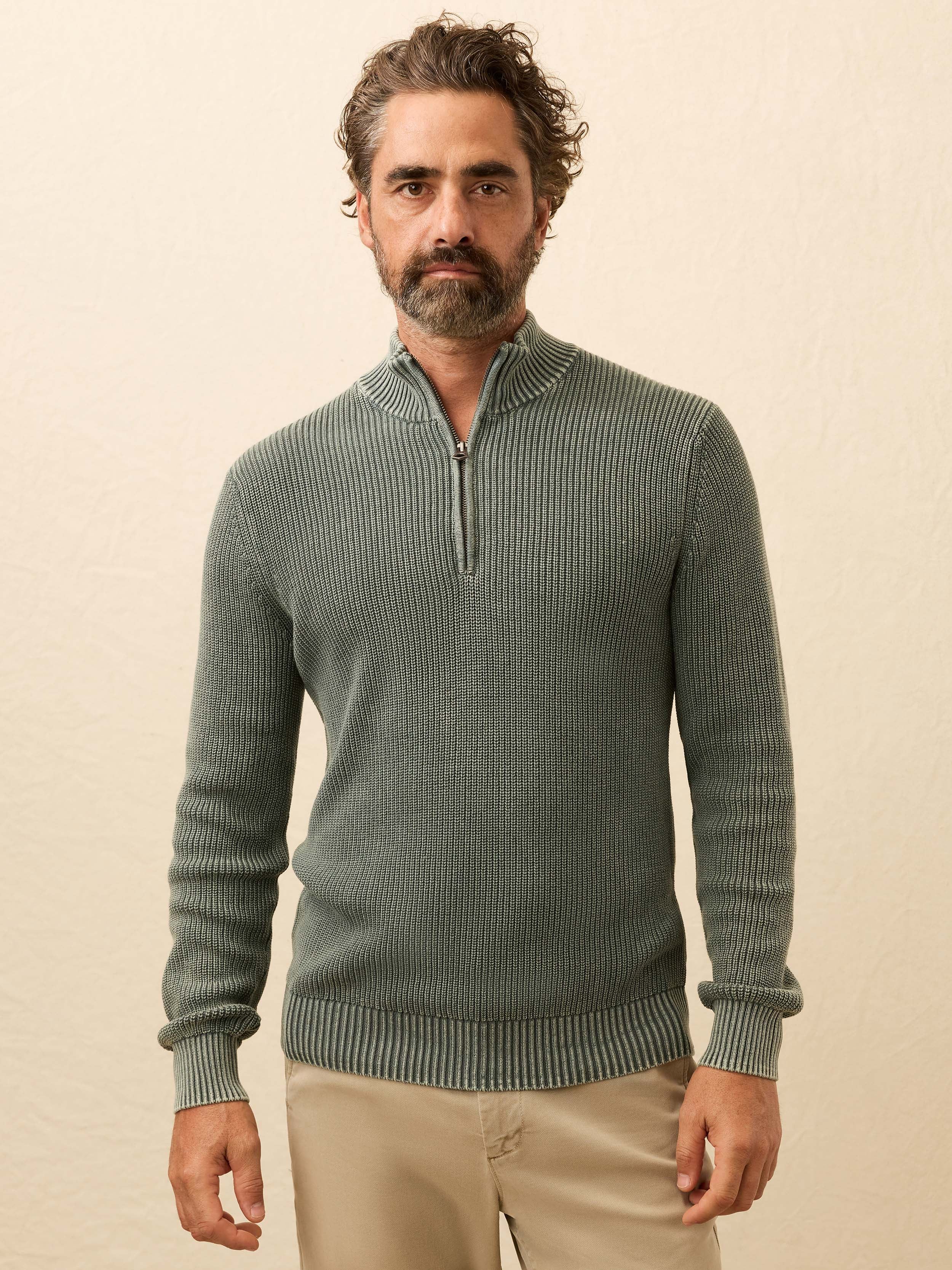 Sunwashed Quarter Zip Sweater - Mountain Olive | Faherty Brand