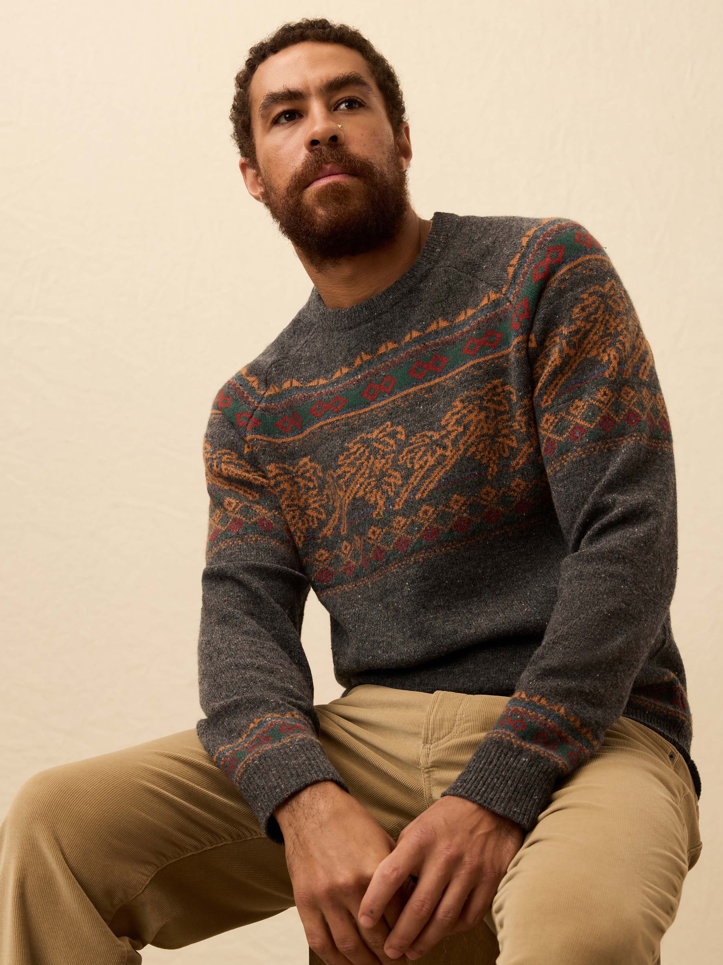 HO25 FAHERTY Mens MYH2506 CSF Donegal Crew Sweater Charcoal Coast Fairisle OM EDITORIAL 1 Web