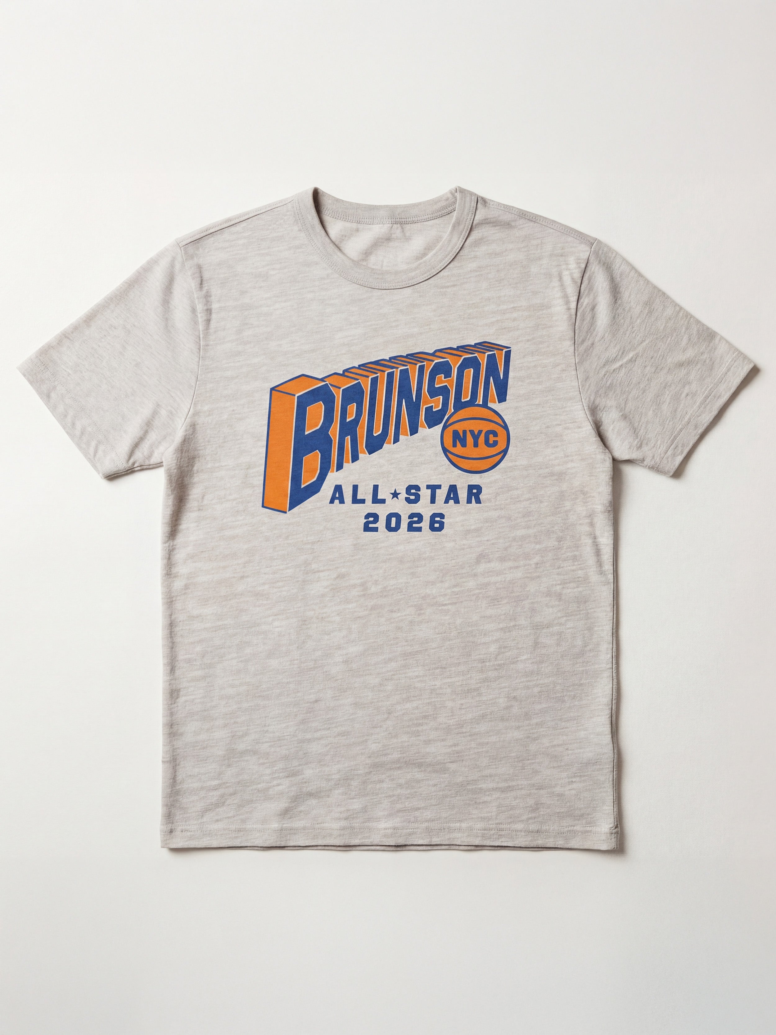 Gray t-shirt with 'Brunson NYC All-Star 2026' text and design on a white background