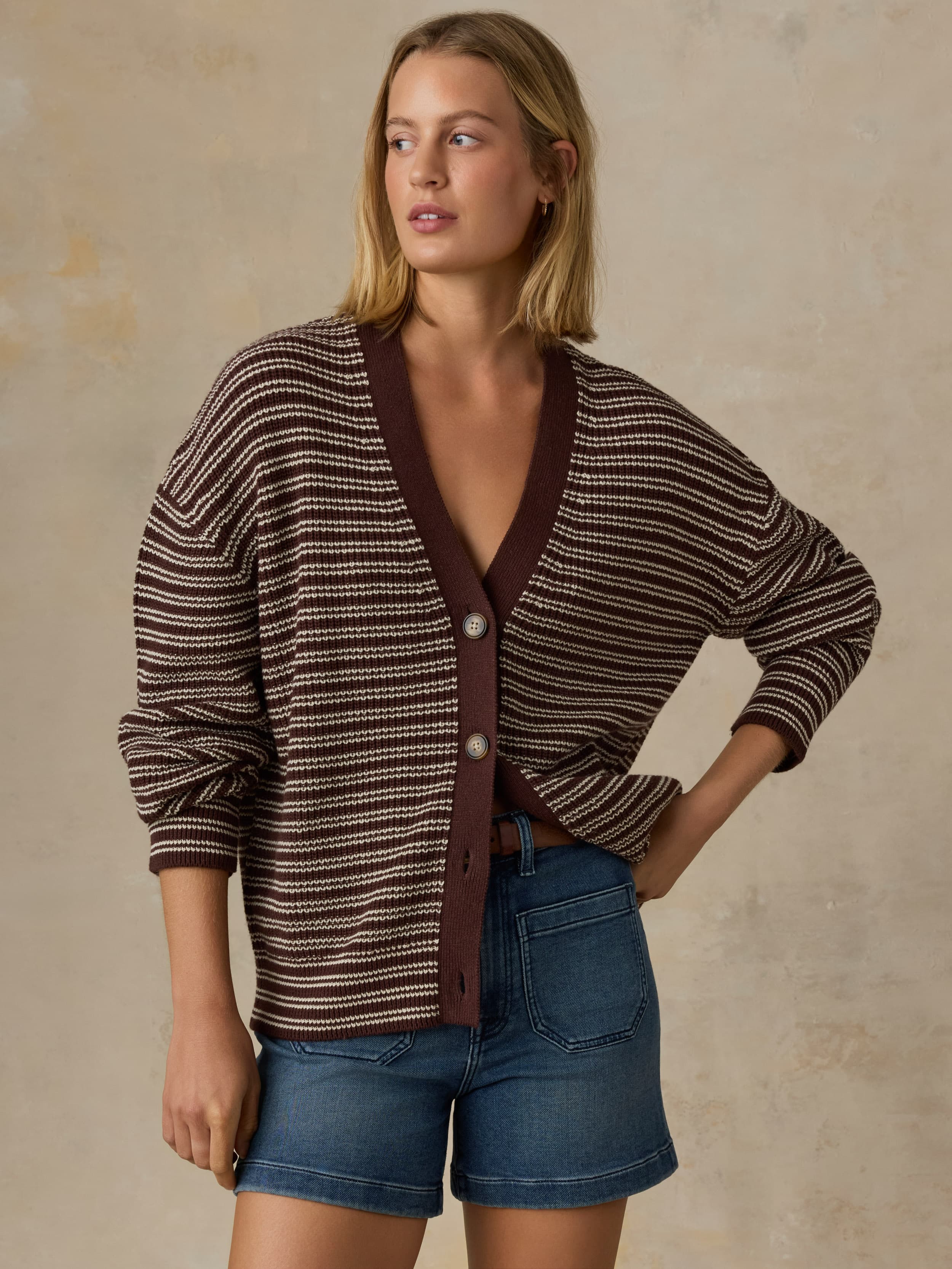 Miramar Linen Relaxed Cardigan - Mocha Stripe | Faherty Brand